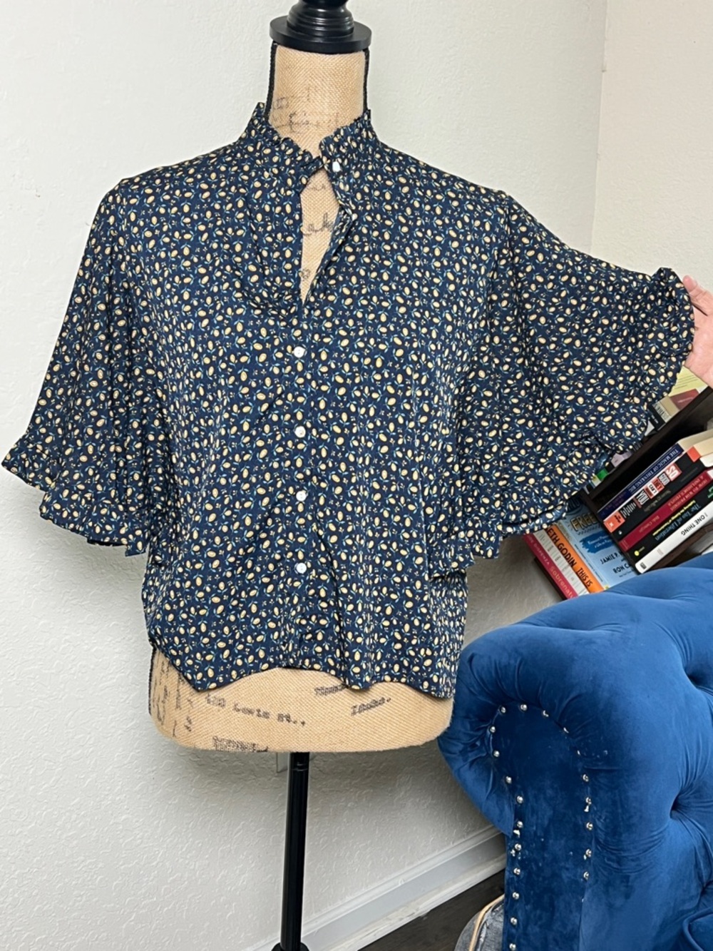 Navy Floral Button-Up Flutter Sleeve Blouse